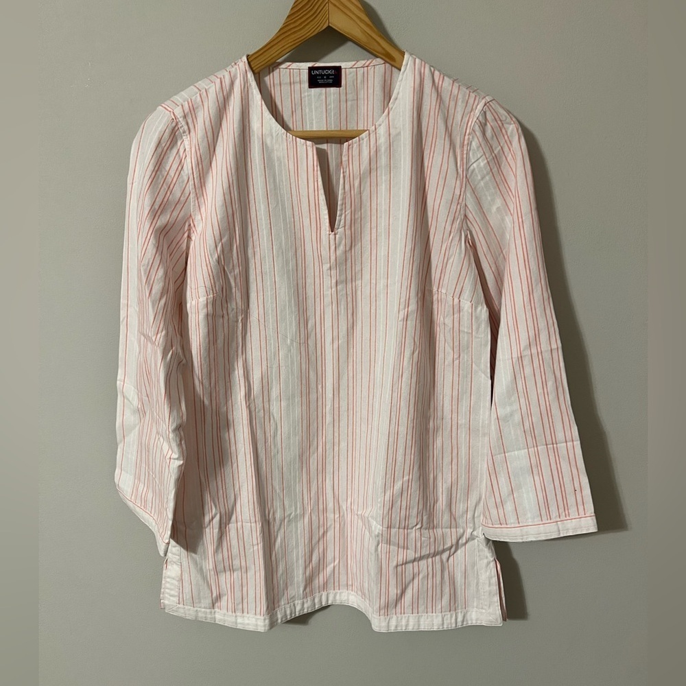 UNTUCKit Durfort Tunic Top Blouse 6 Pink Cotton Pinstripe 3/4 Sleeve